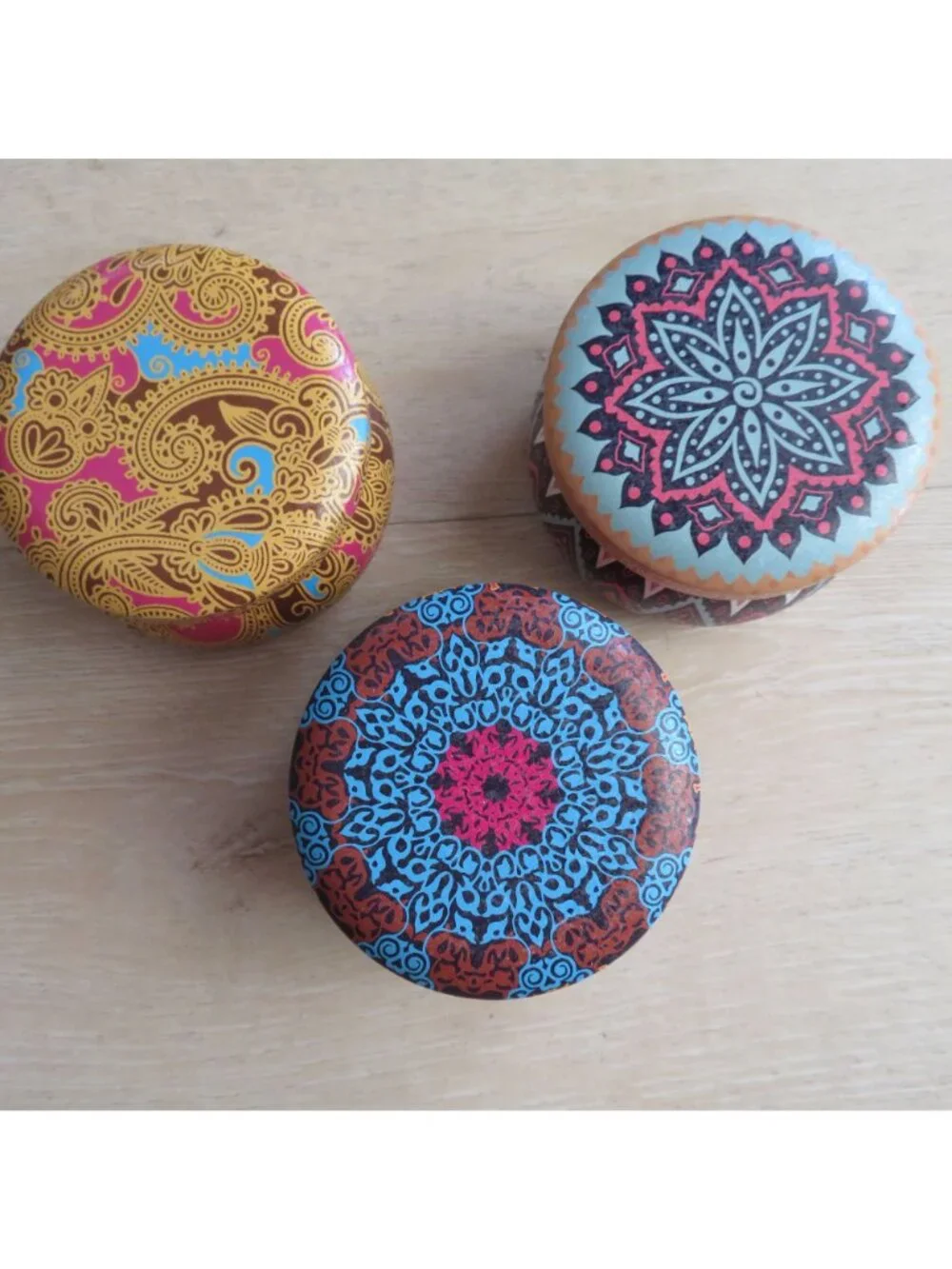 Set of 3 Small Mandala Patterned EMPTY Metal Storage Tins with Lids - 2
